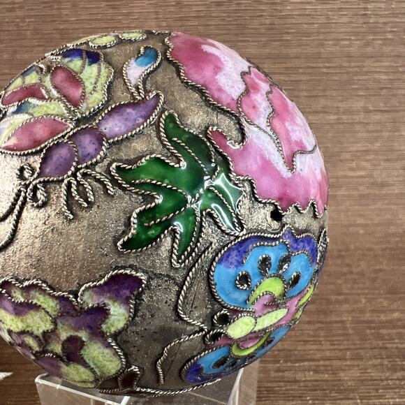 Vintage Cloisonné Christmas Ball Ornament – Floral Silver Enamel 3″ VTG - Picture 12 of 15